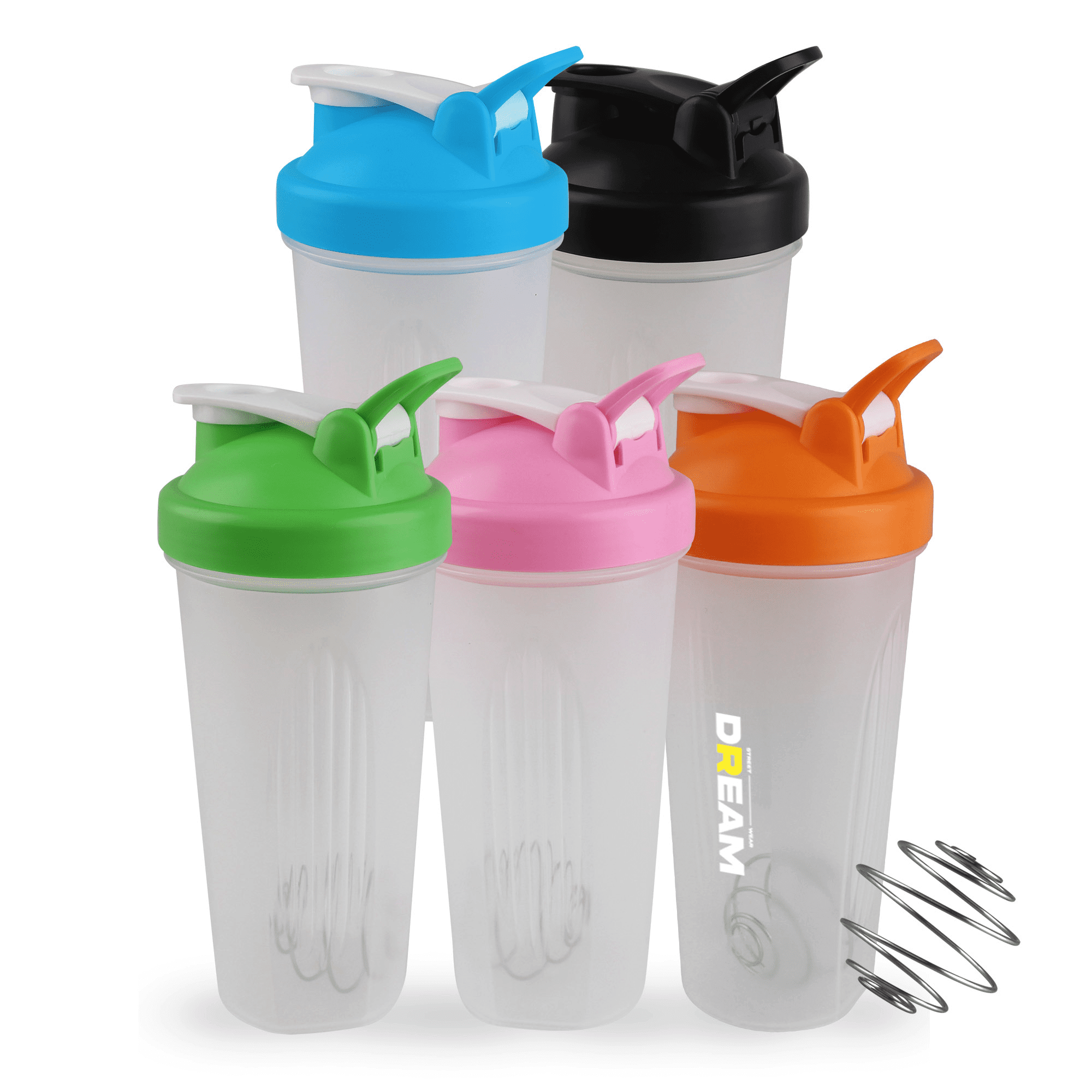 A drink bottle set featuring five BPA-free shaker bottles in black, blue, green, pink, and orange, with a metal whisk ball. BPA Free Fitness Shaker Bottle with Loop 600ml - Image 1