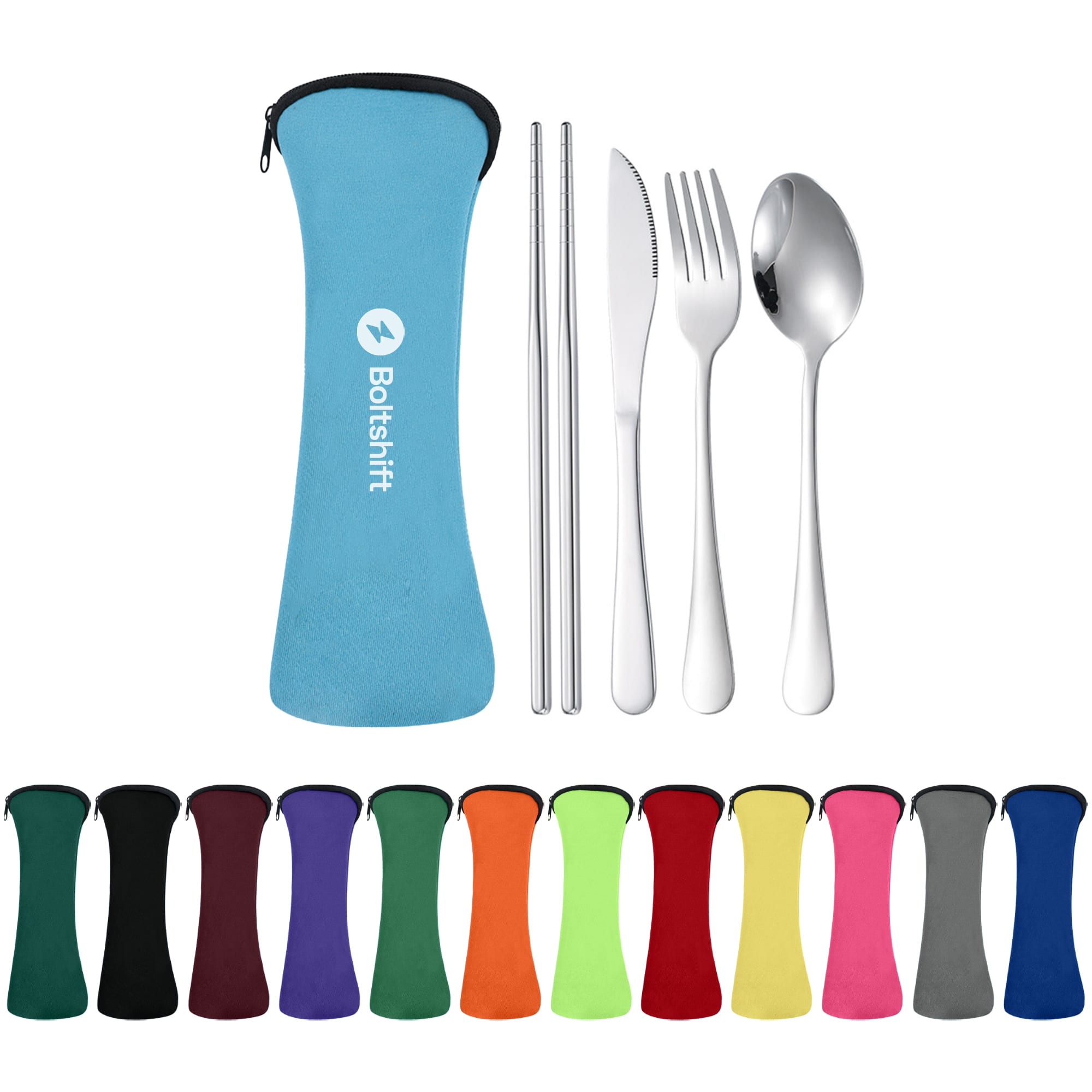 A travel cutlery set in a blue case includes a fork, knife, spoon, and stainless steel straws. Available in various colours. Travel Cutlery Sets - Image 1