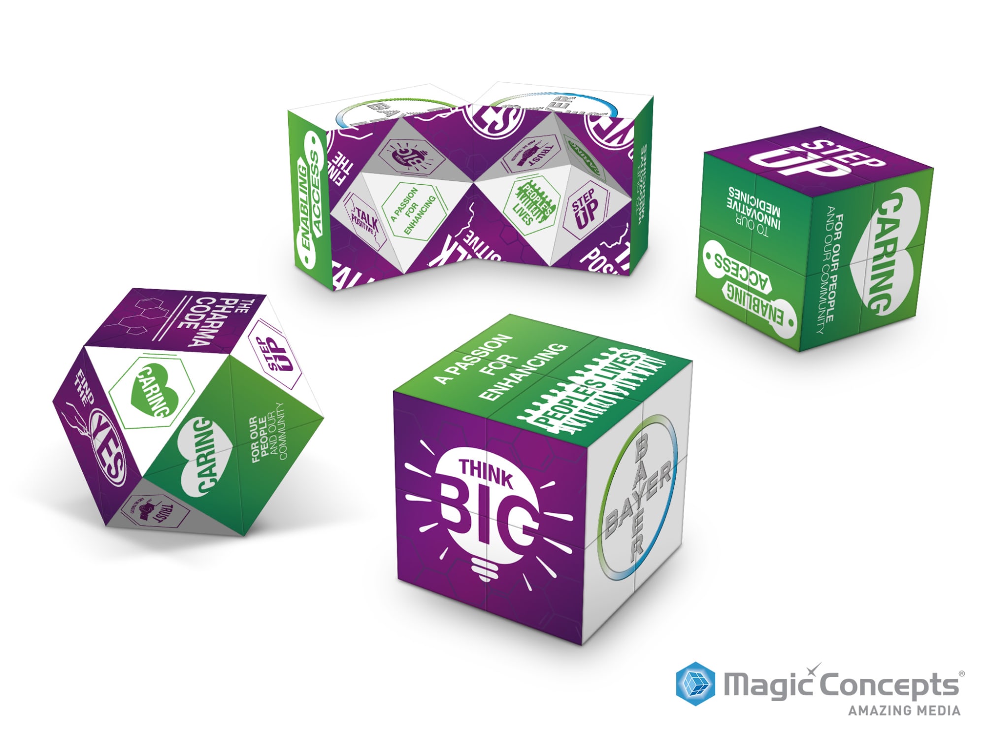 Four colourful cubes with various designs, featuring predominantly green, purple, and white themes, and a logo. Magic Diamond - Image 1