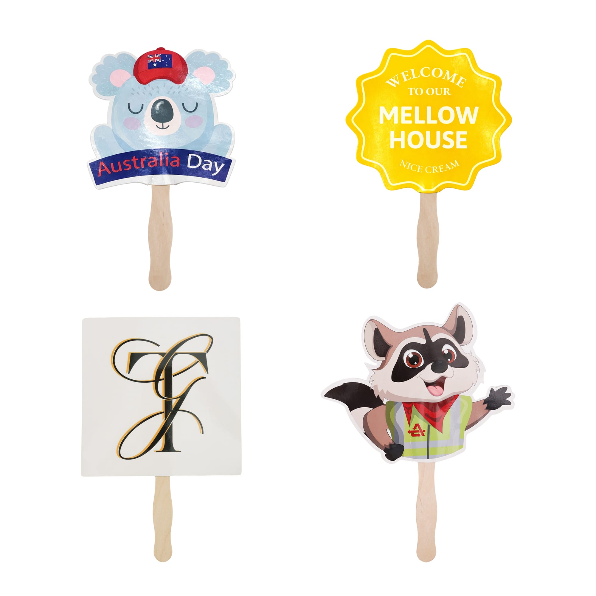 Custom shape paper hand fans in various designs and colours, featuring a koala, a raccoon, and other themed graphics. Custom Shape Paper Hand Fan - Image 1