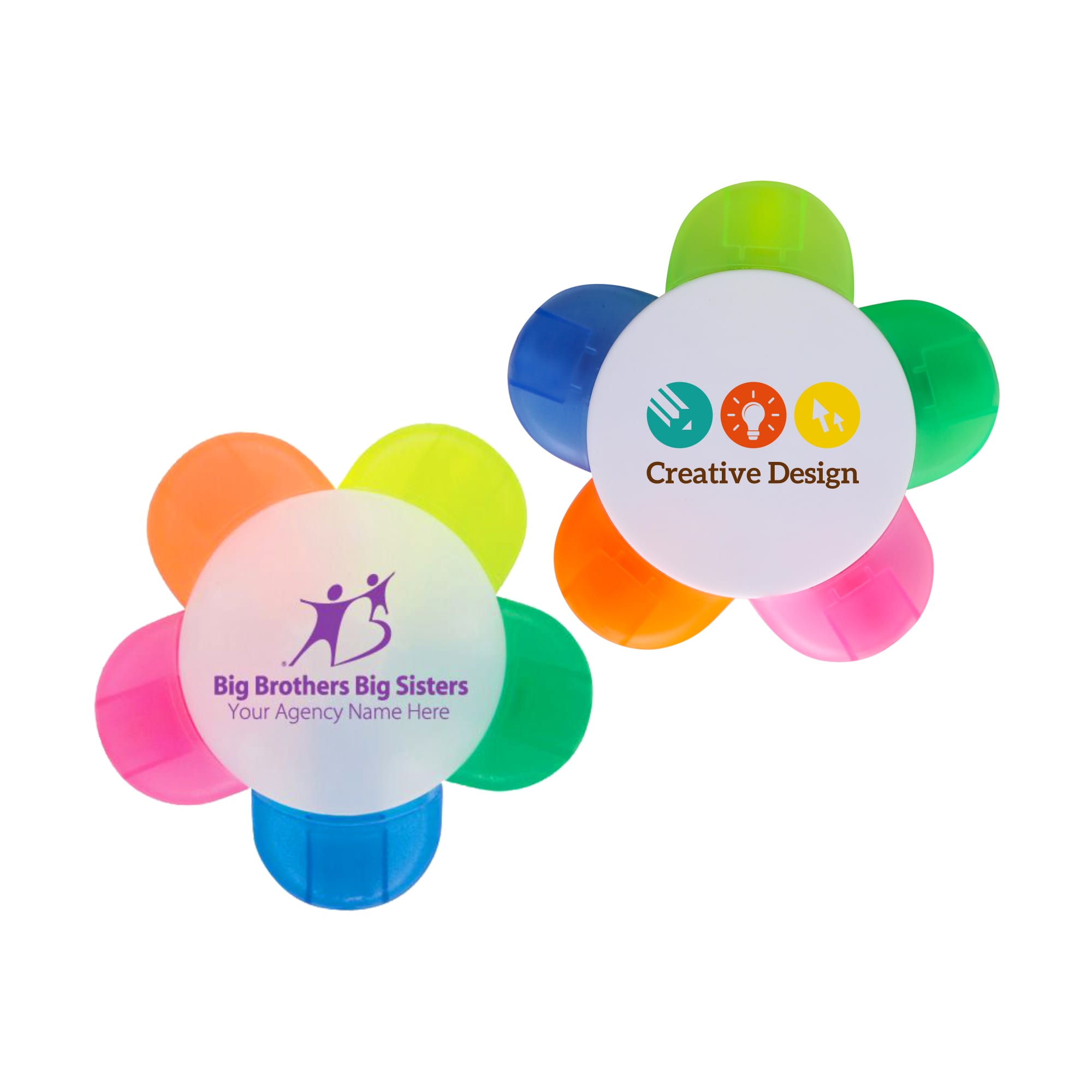 A flower-shaped highlighter with five petals in pink, yellow, green, orange, and blue, featuring a logo on one side. Flower Five-color Highlighter - Image 1