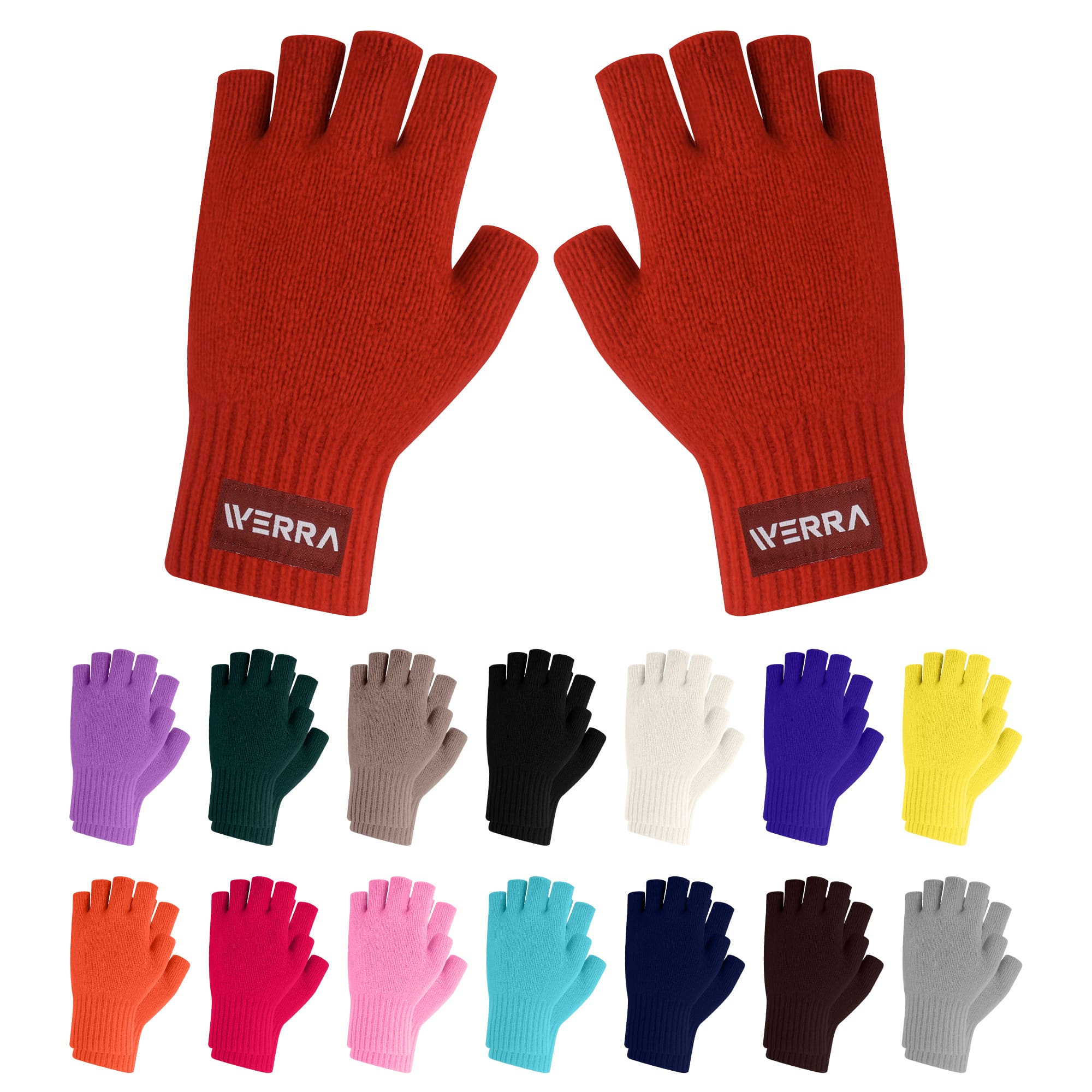 Fingerless gloves in various colours, including red, purple, black, and white, featuring a woven label. Adults Plain Knitted Fingerless Gloves with Woven Label - Image 1