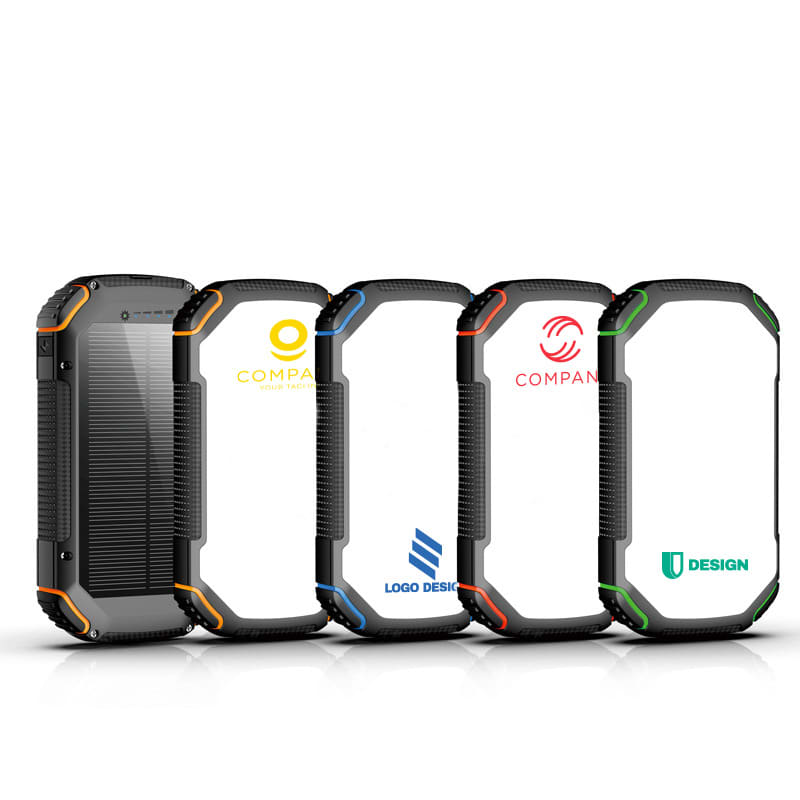 A collection of four rugged, black solar wireless power banks with various logo placements and colourful accents. 20000mAh Outdoor Solar Wireless Power Bank - Image 1