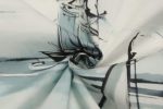A printed fabric featuring a pastel blue and white design with abstract lines and shapes, showcasing soft, smooth texture.