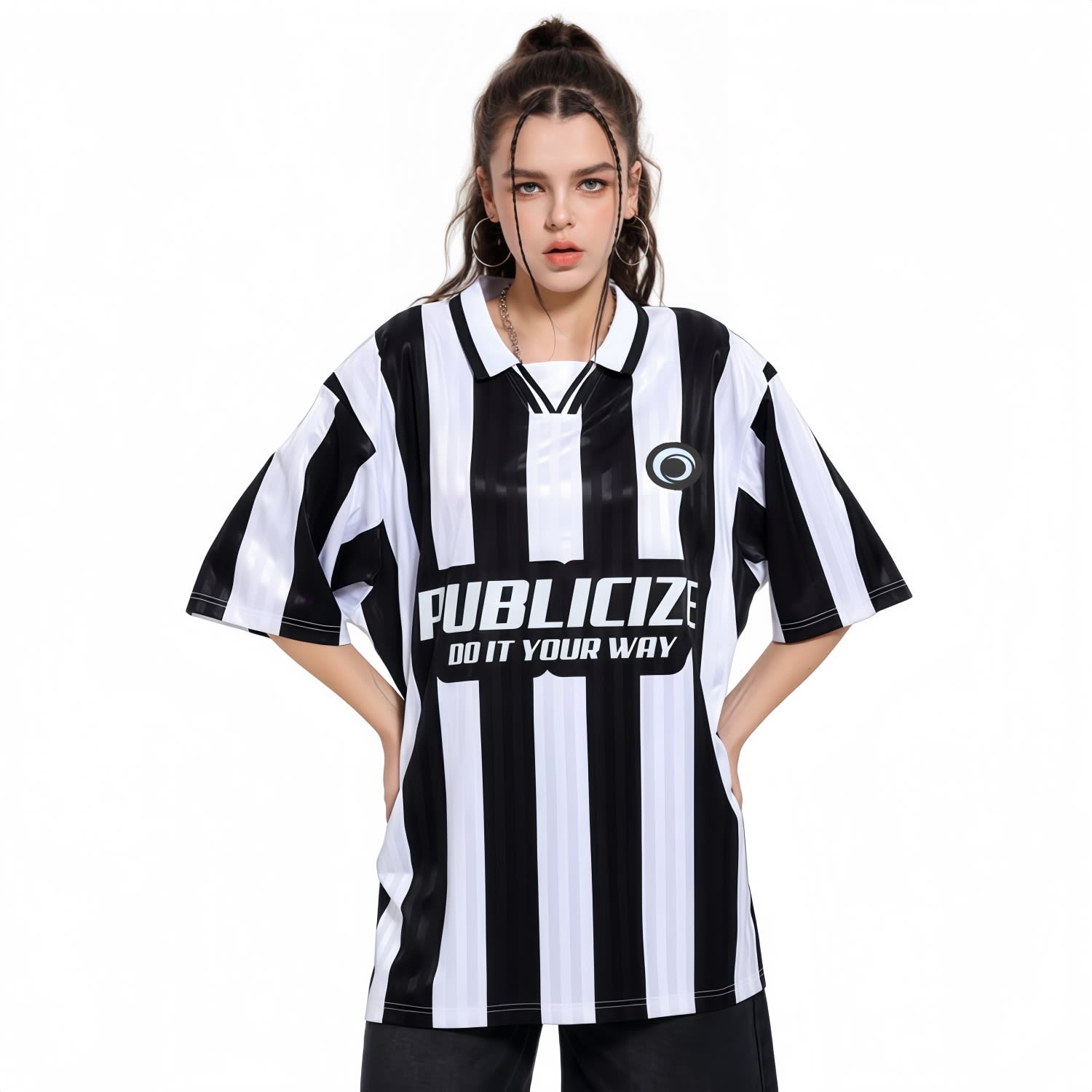 A loose-fitting, unisex polo jersey featuring bold black and white stripes and a prominent logo on the front. 100% Polyester Unisex Sublimation Loose Retro POLO Jersey - Image 1
