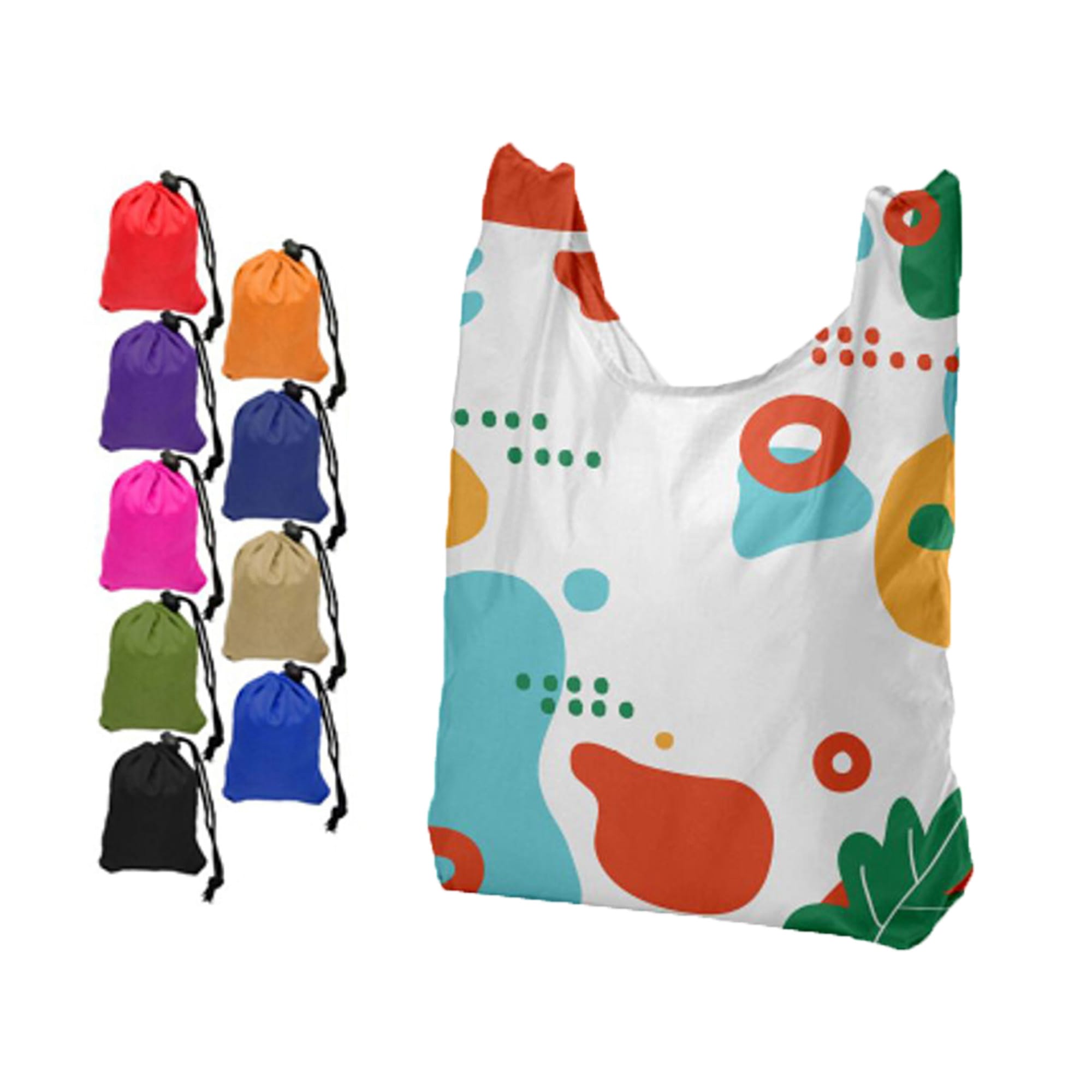 A foldaway shopping tote bag with a colourful abstract design, alongside various solid-coloured drawstring pouches. Foldaway Shopping Tote Bag - Image 1