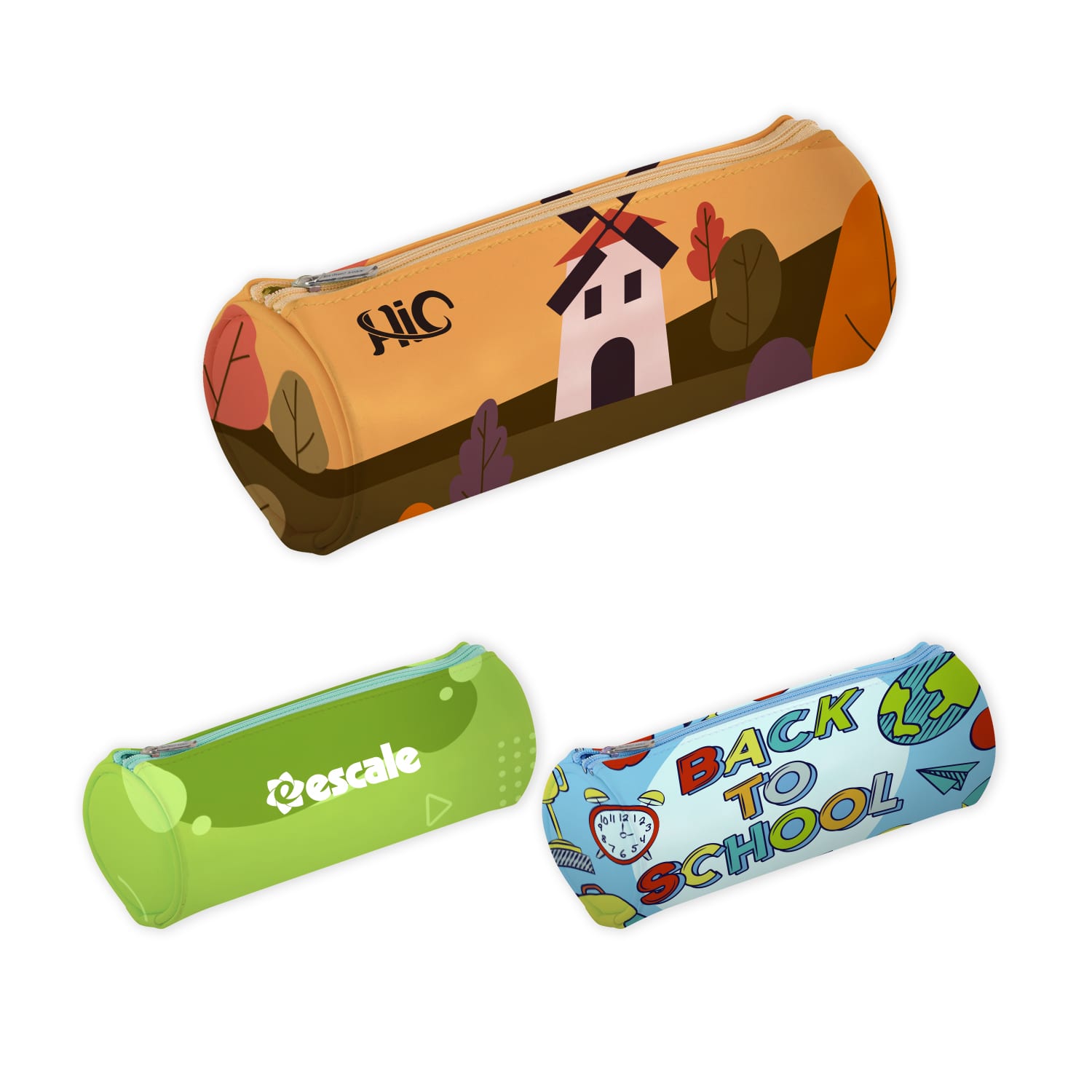 A PU leather pencil case featuring a variety of designs in orange, green, and blue colours. Each has a zip closure and branding. PU Leather Pencil Case - Image 1