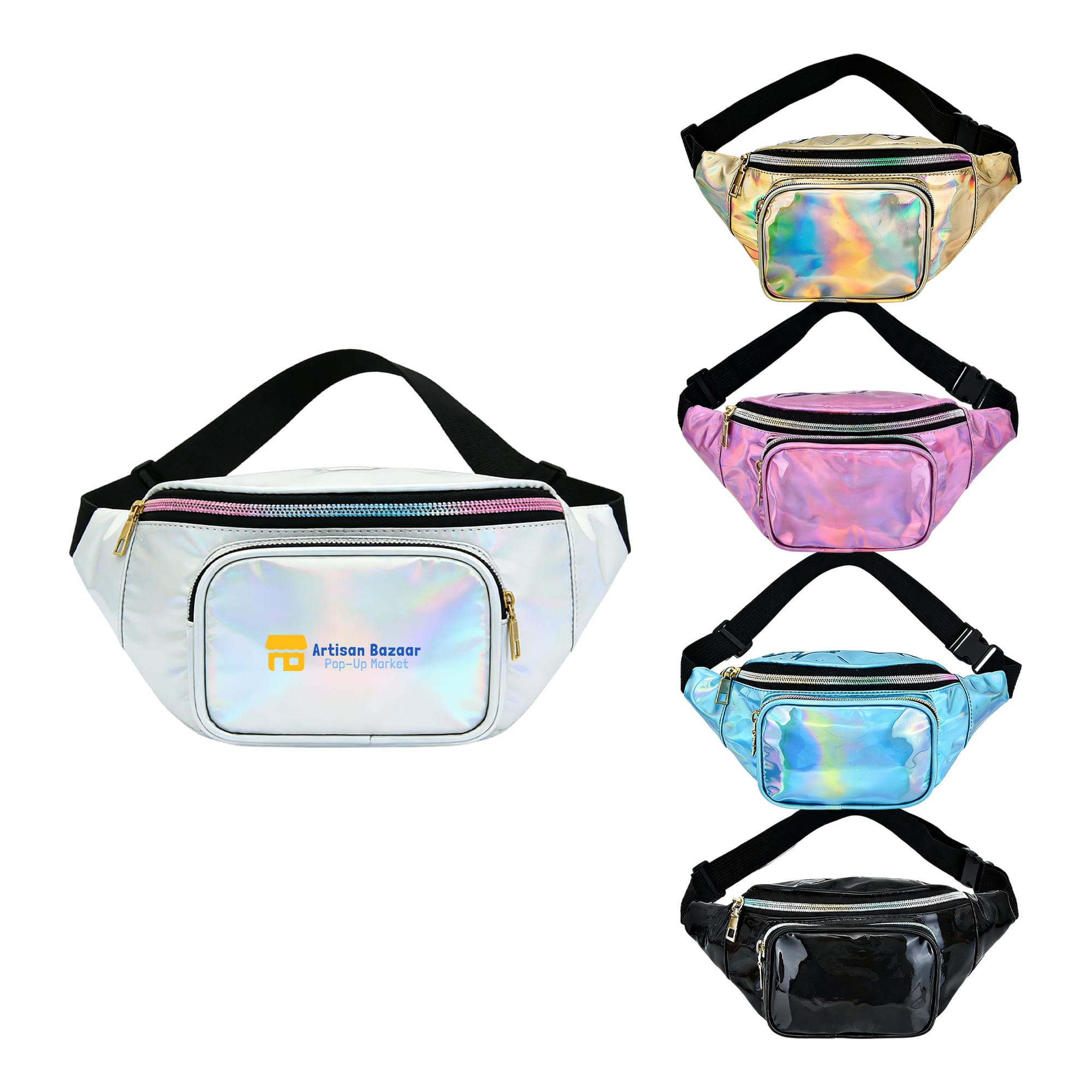 A holographic fanny pack collection in various colours, featuring a zippered front pocket and adjustable straps. Holographic Waist Bag - Image 1