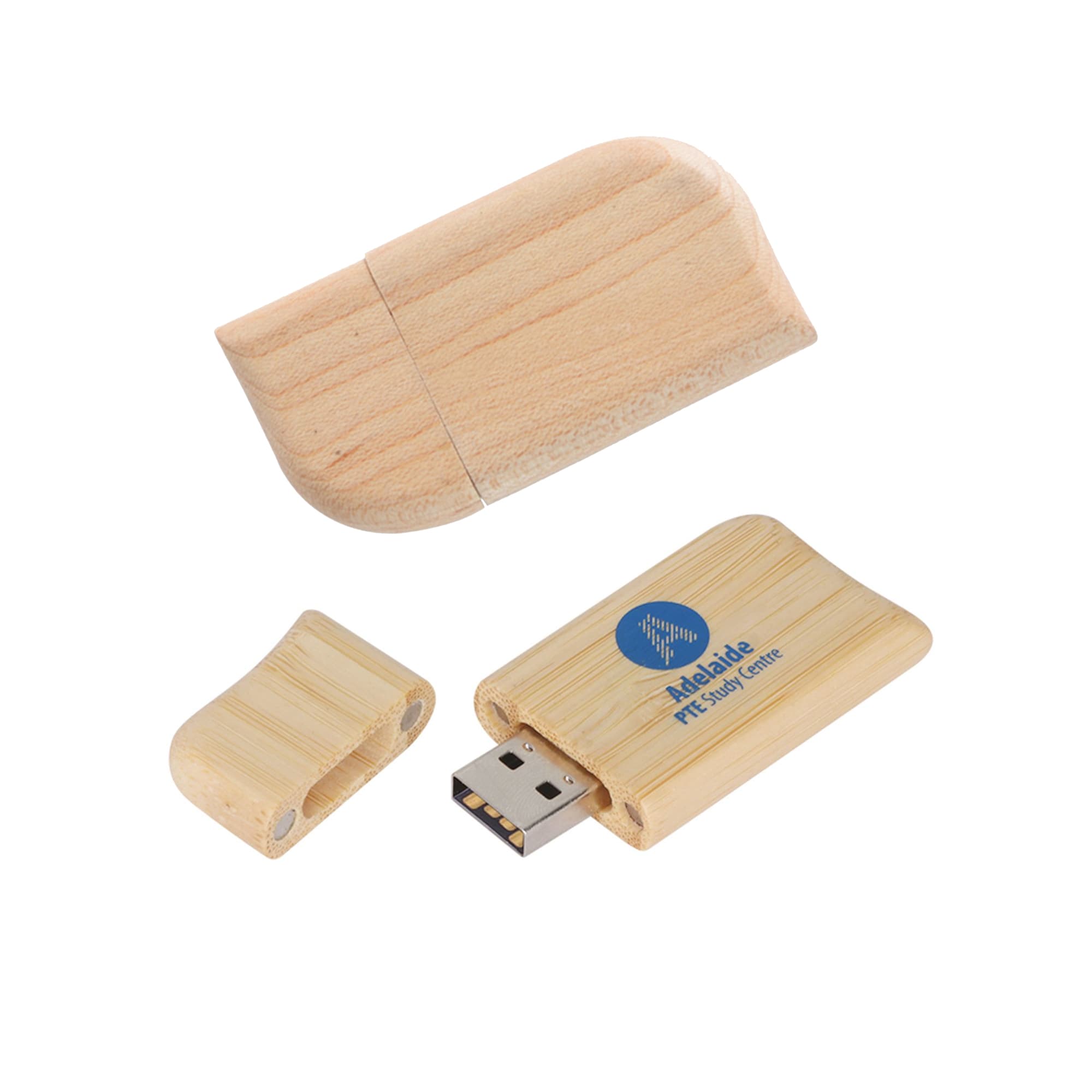 A wooden butterfly flash drive in light wood colour, featuring a removable cap and a branding logo. Wooden Butterfly Flash Drive - Image 1