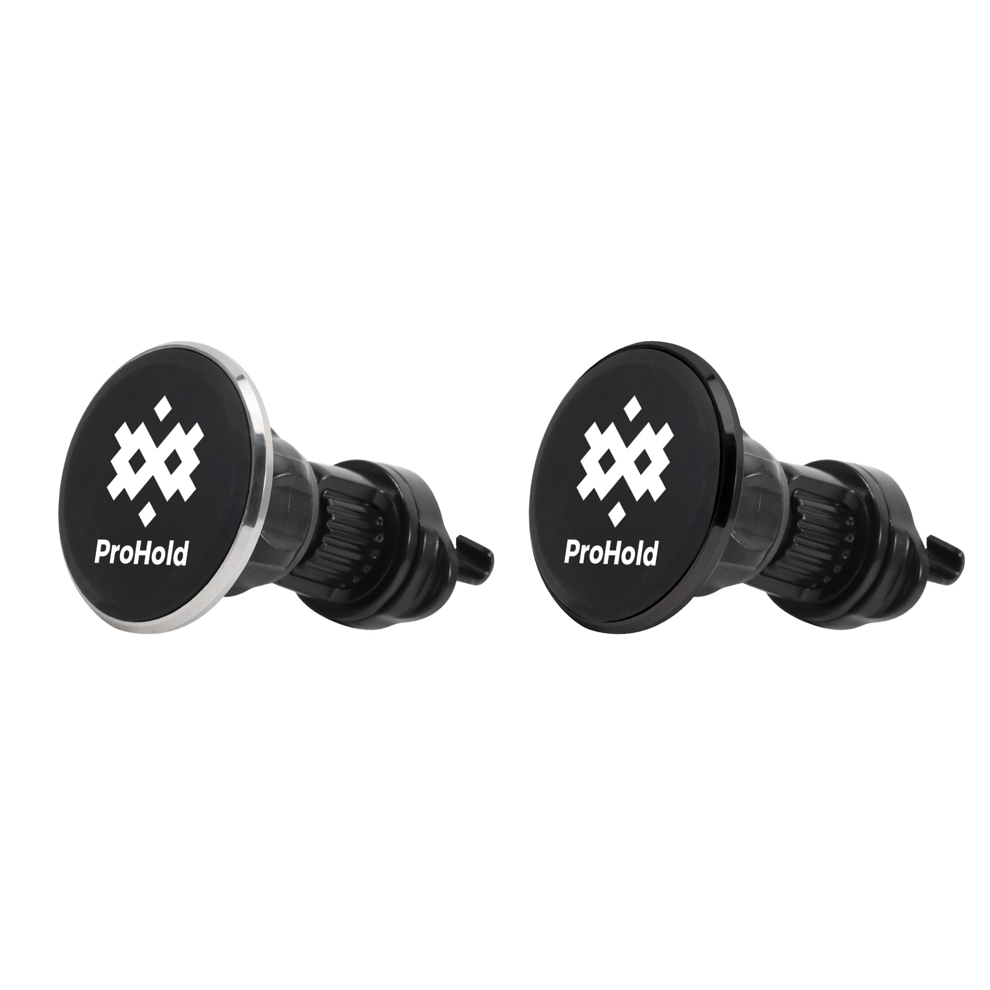 Round car hook brackets in black and chrome finishes, featuring a logo on each. Round Car Hook Bracket - Image 1