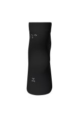 A pair of black organic sneaker socks with a ribbed cuff and a logo.