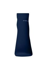 A pair of navy blue organic sneaker socks with a logo on the side.