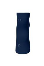 A pair of organic sneaker socks in dark navy, featuring a logo on the side.