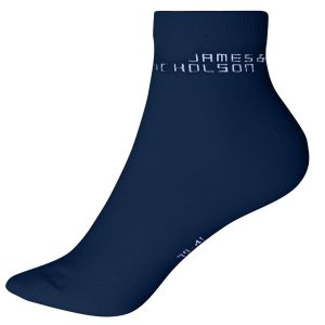 A pair of navy blue organic sneaker socks with a logo on the side.