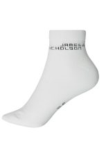 A pair of white organic sneaker socks with a logo, designed for comfort and style.
