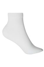 A pair of white sneaker socks with a ribbed cuff and a smooth finish, featuring a logo.