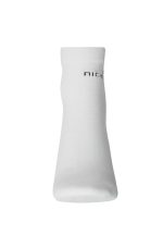 A pair of white organic sneaker socks with a logo on the side, showcasing a simple and classic design.