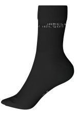 Black organic socks with a fitted design and a subtle logo on the side.
