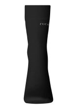 A black organic sock featuring a ribbed top and a minimalist logo.