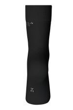 A pair of black organic socks with a smooth texture and a simple design. The product has a logo.