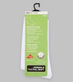 Organic white socks displayed with a green tag featuring a logo and product information.