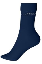 Navy blue organic socks with a logo, featuring a classic crew design and smooth texture.