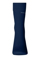 A pair of dark navy organic socks, featuring a logo on the side.