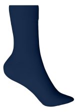 A pair of navy blue organic socks, featuring a smooth texture and a standard crew length. The socks include a branding logo.