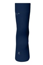 A pair of navy organic socks, featuring a snug fit and a simple design, with branding visible.