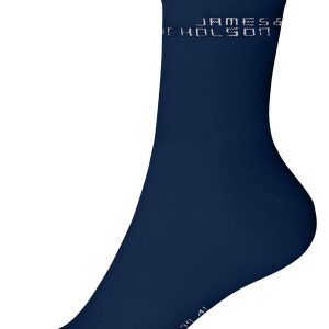 A pair of navy blue organic socks with a logo on the side.