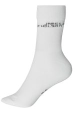 A pair of white organic socks featuring a logo on the side.