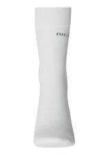 White organic socks with a logo on the side, featuring a knee-high design.