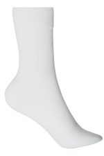 A pair of organic socks in white, featuring a ribbed cuff and a smooth finish, with a small logo.