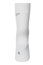 A pair of white organic socks with a soft, stretchy fabric and a branding logo.