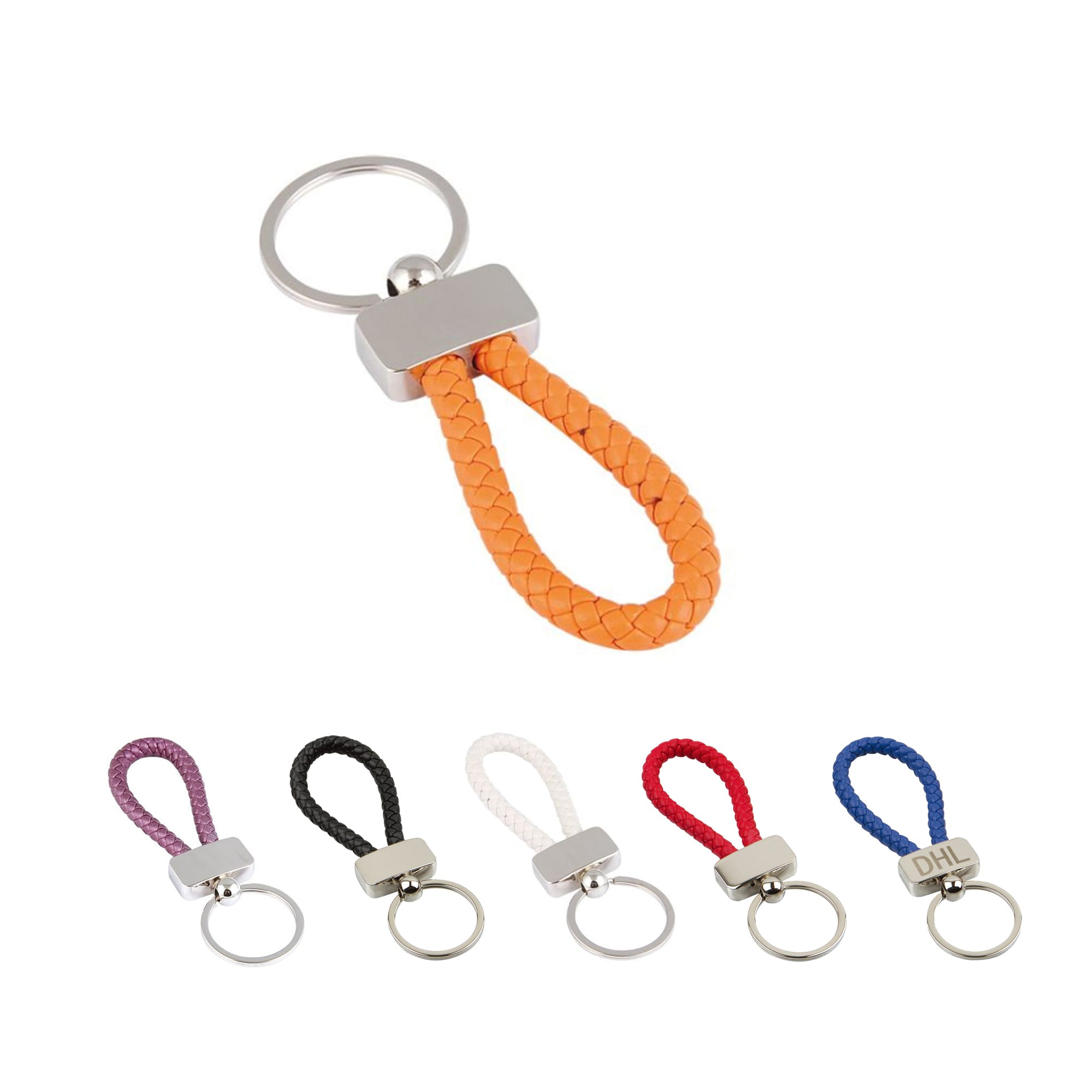 A metal keyring tag with a braided strap in orange, surrounded by keyring tags in purple, black, white, red, and blue. Metal Keyring Tag - Image 1