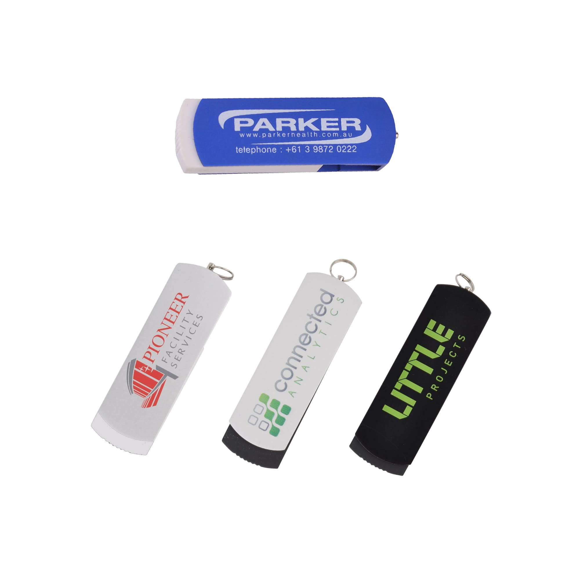 Four flash drives in blue, white, grey, and black, each featuring a different logo, with a keyring attachment. Boston Flash Drive - Image 1