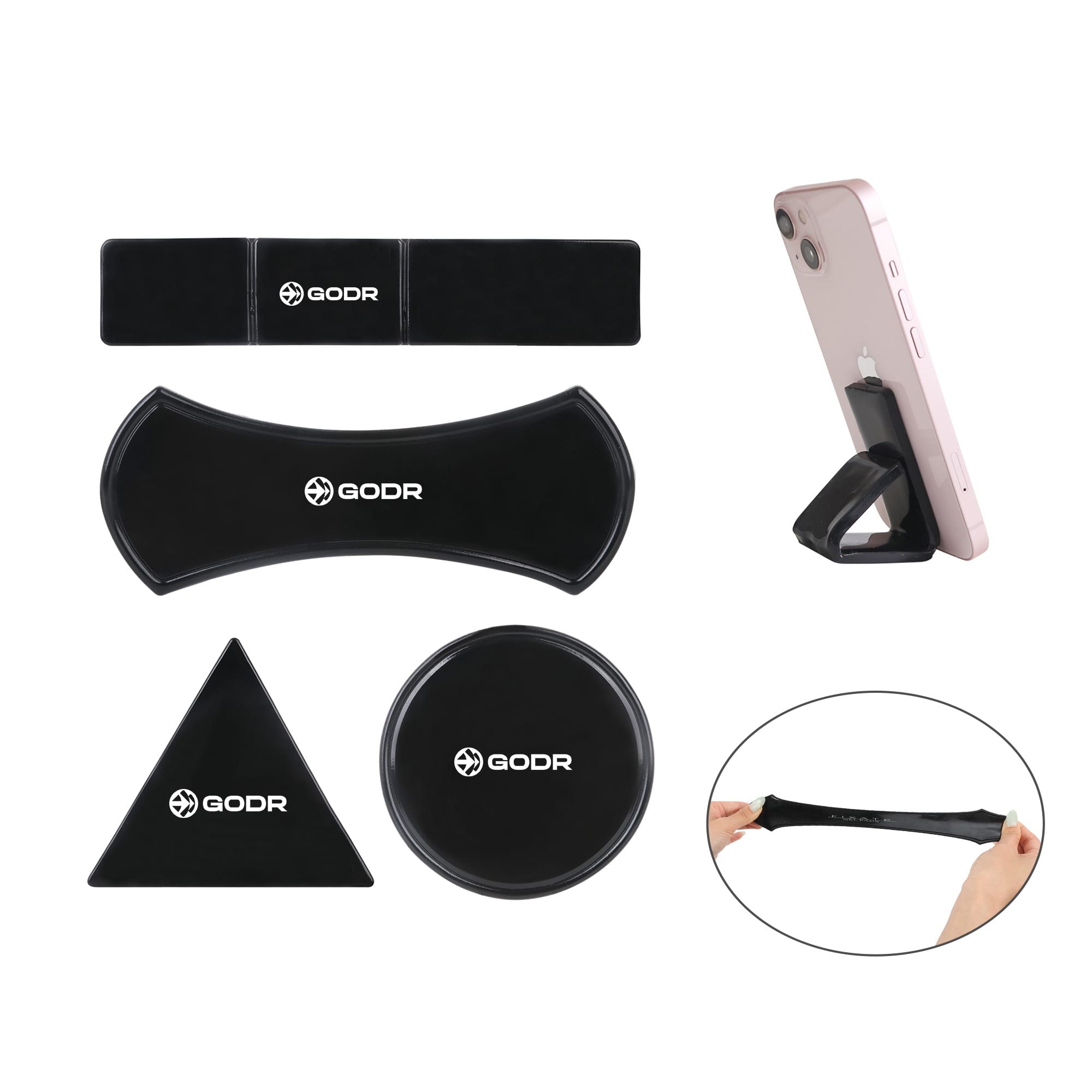 A set of sticky nano rubber pads in black, designed for phone support and grip, featuring various shapes and a logo. Sticky Nano Rubber Pad - Image 1