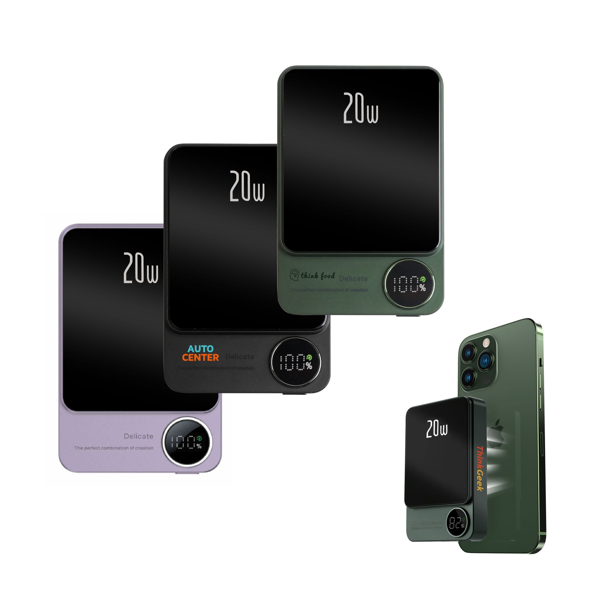 A collection of three 10000mAh magnetic wireless power banks in lavender, black, and dark green, with digital displays. 10000mAh Magnetic Wireless Power Bank - Image 1