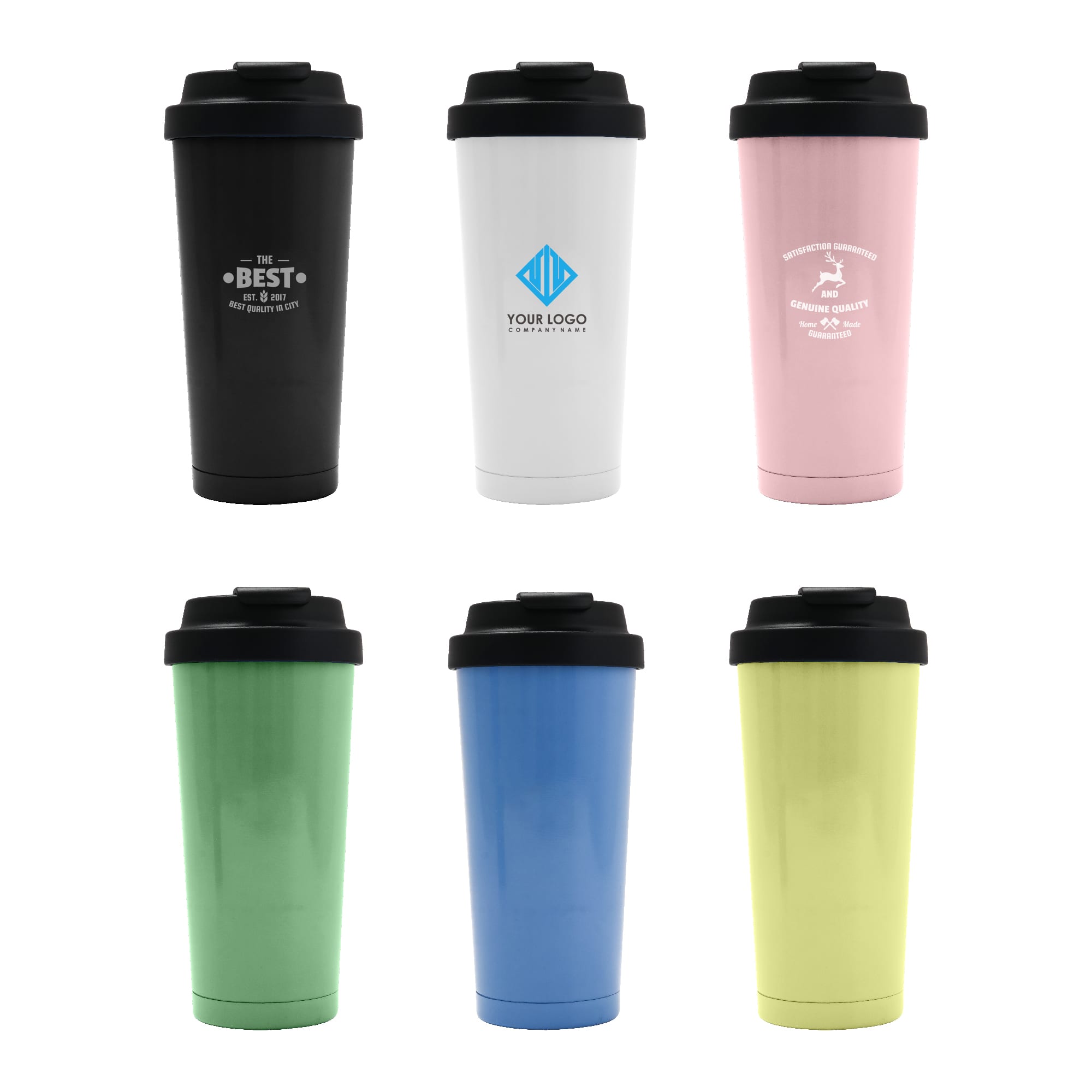 A drink bottle set featuring six tumblers in black, white, pink, green, blue, and yellow, each with a different logo. 400ML RCS Recycled Stainless Steel Vacuum Tumbler - Image 1