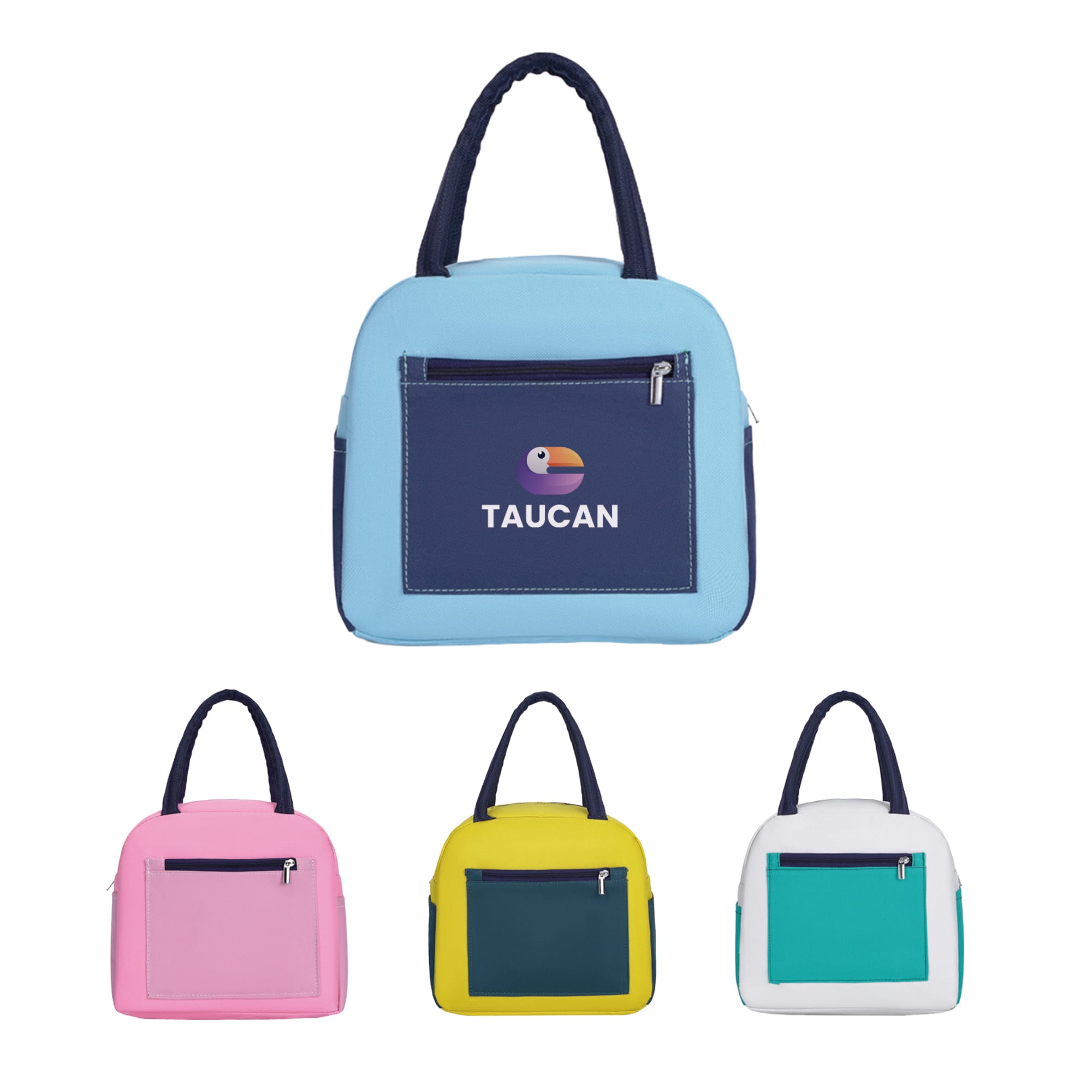 A colourful insulated lunch bag in blue, pink, yellow, and white, featuring a front pocket and a logo. Colourful Insulated Lunch Bag - Image 1