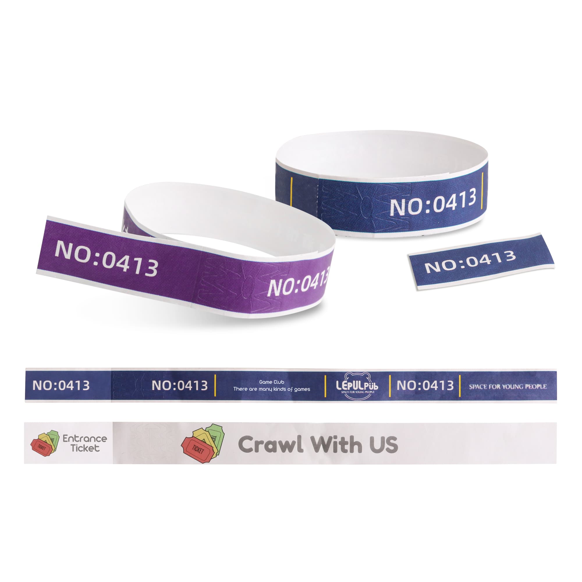 Tabbed disposable Tyvek wristbands in purple and white with a textured design, featuring various sizes and a logo. Tabbed Disposable Tyvek Wristband - Image 1