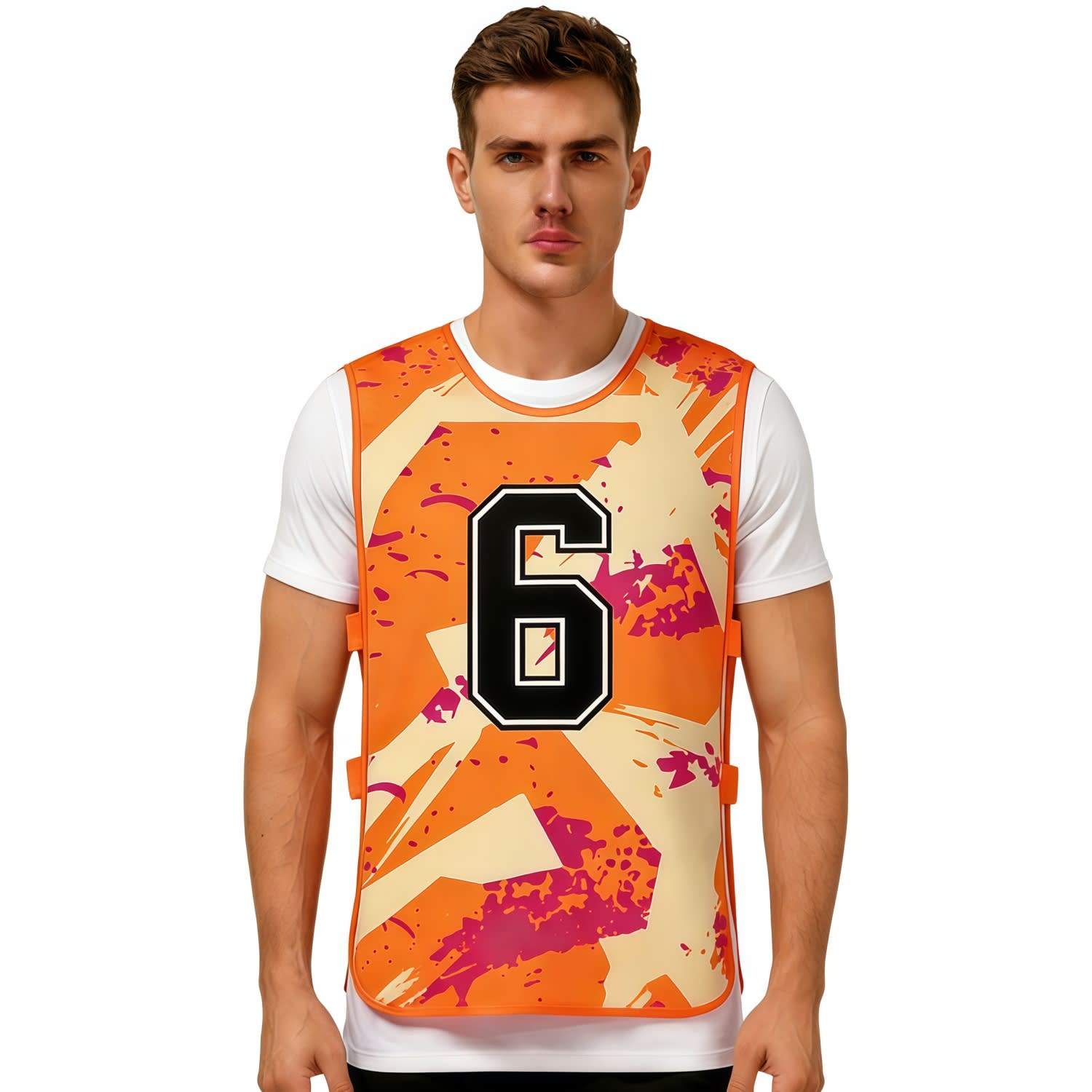 A training bib in orange and cream with a bold black number 6, featuring a logo and a strap for securing. 100% Polyester Mesh Sublimated Training Bib With Strap - Image 1