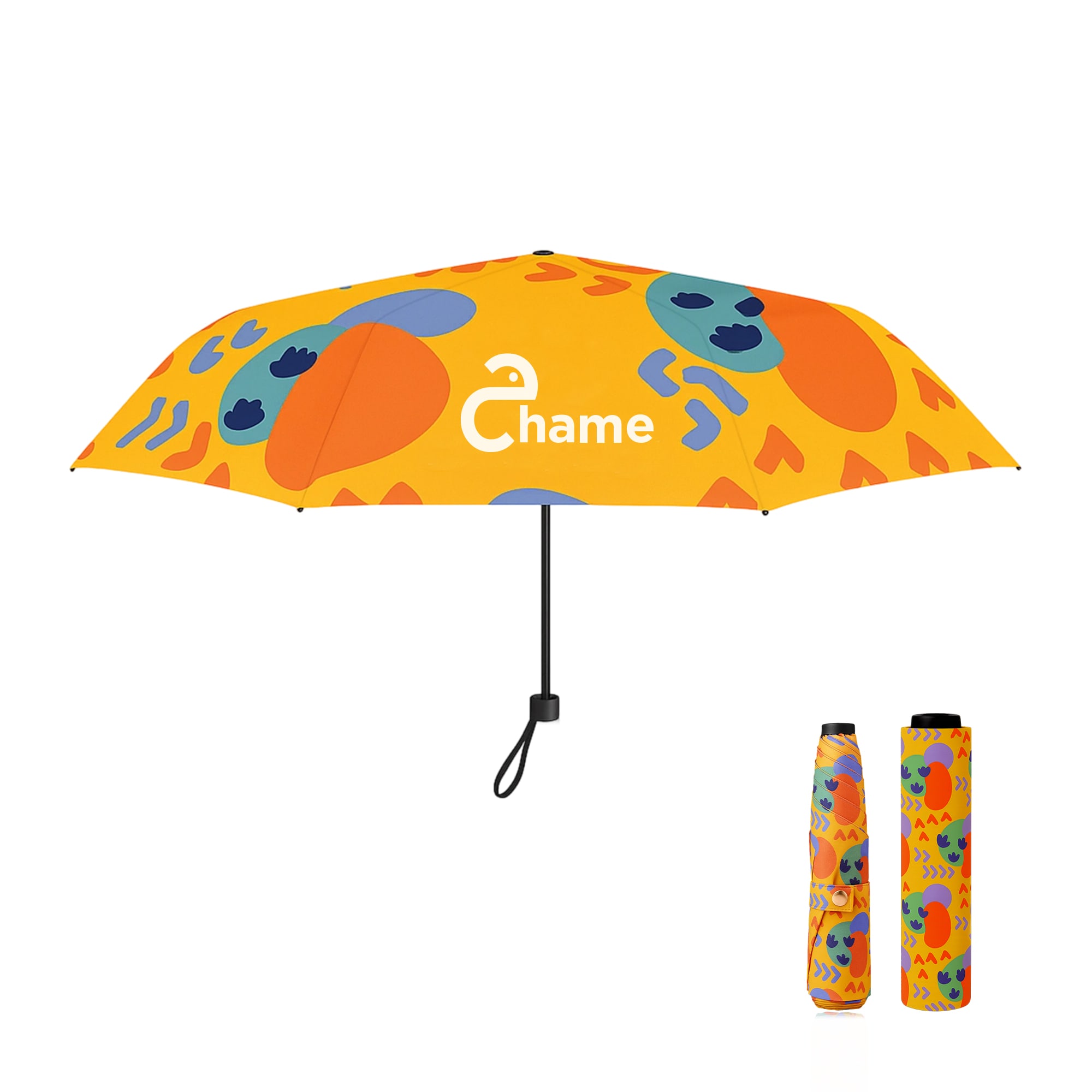A small lite umbrella in vibrant orange with playful patterns and a logo, compactly folded alongside its cover. Small Lite Umbrella - Image 1