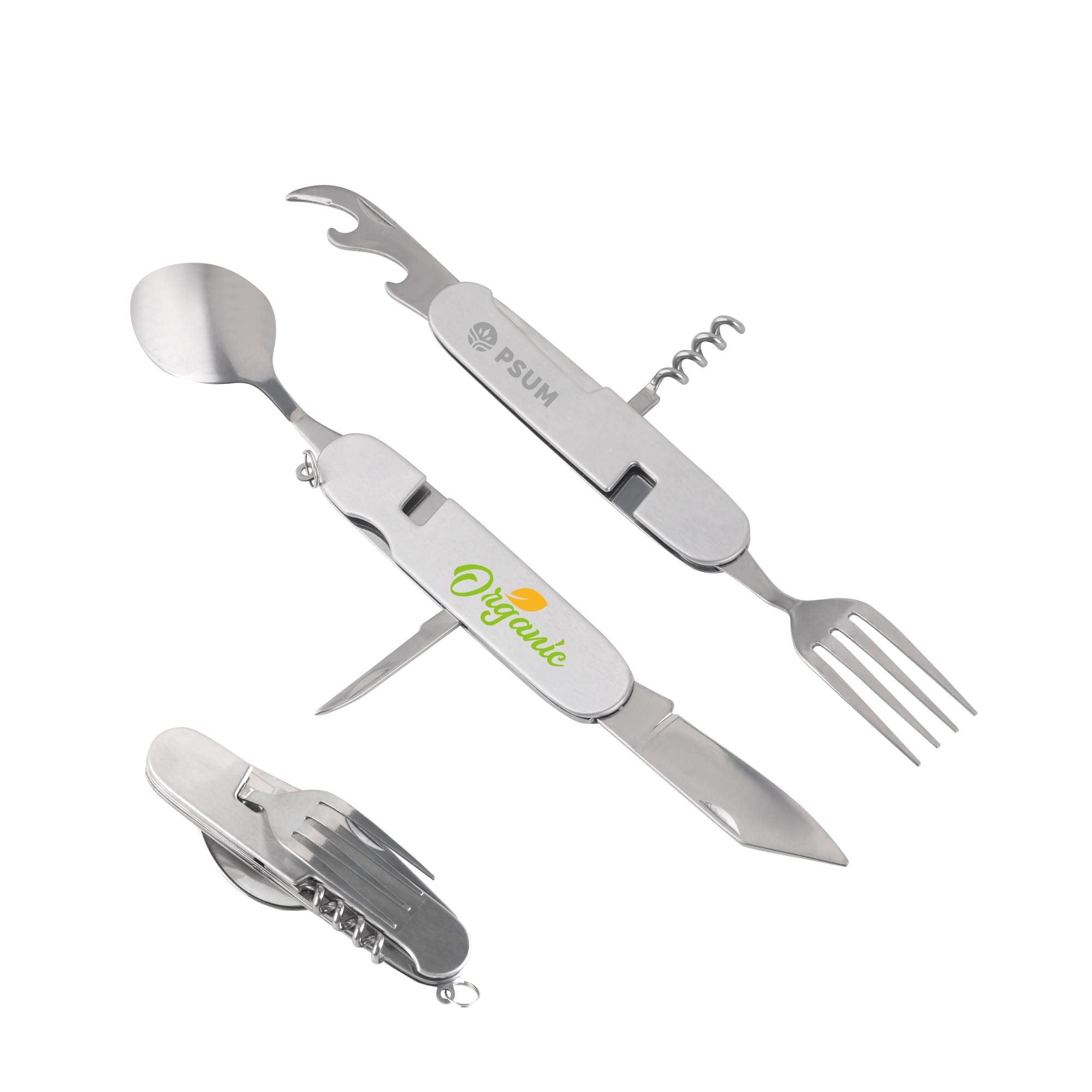 A multi-functional camping cutlery tool in stainless steel, featuring a spoon, fork, knife, and bottle opener. Hardware Camping Cutlery Tool - Image 1