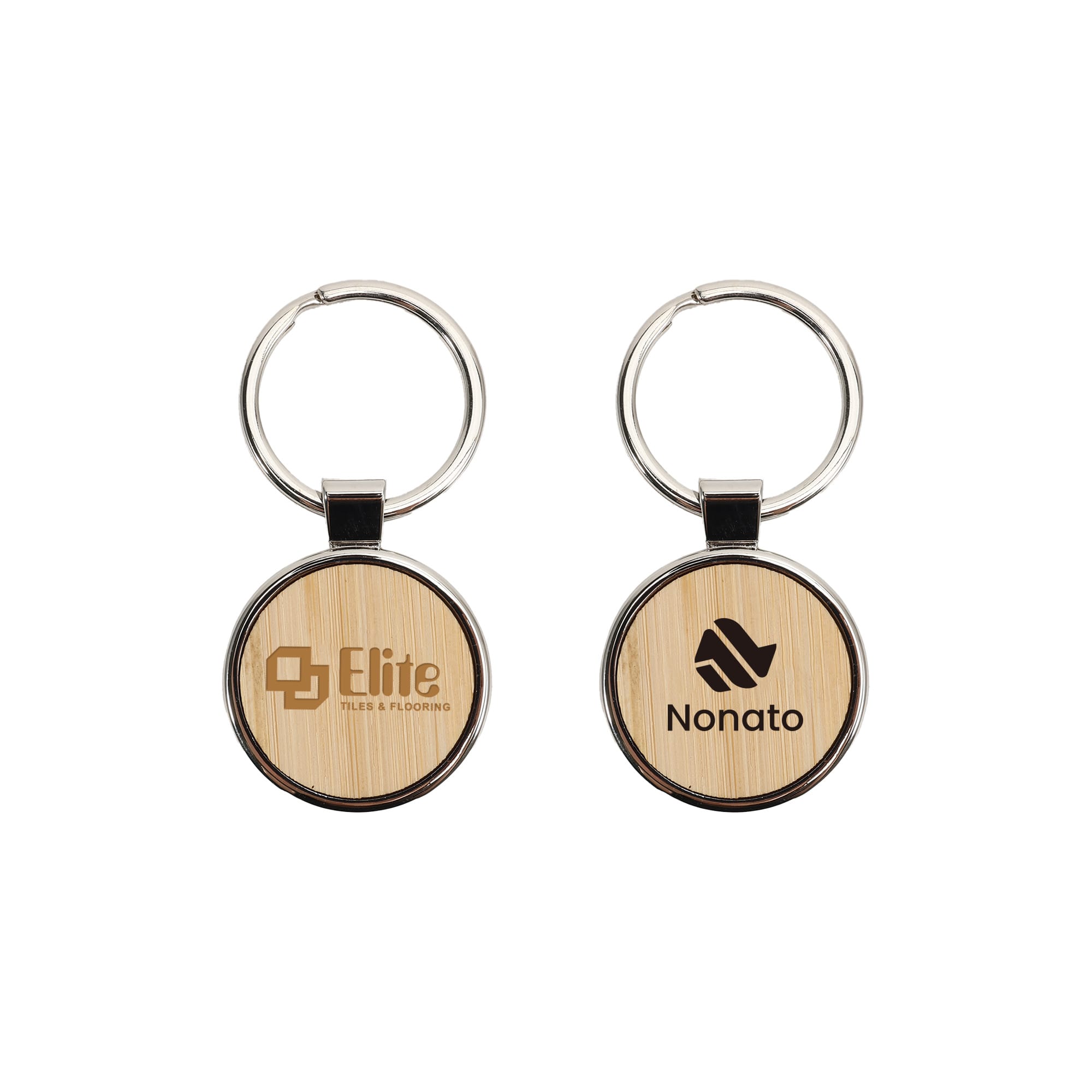 A round wooden keyring featuring a bamboo design with two sides, one showing a logo and branding. Round Wooden Keyring - Image 1