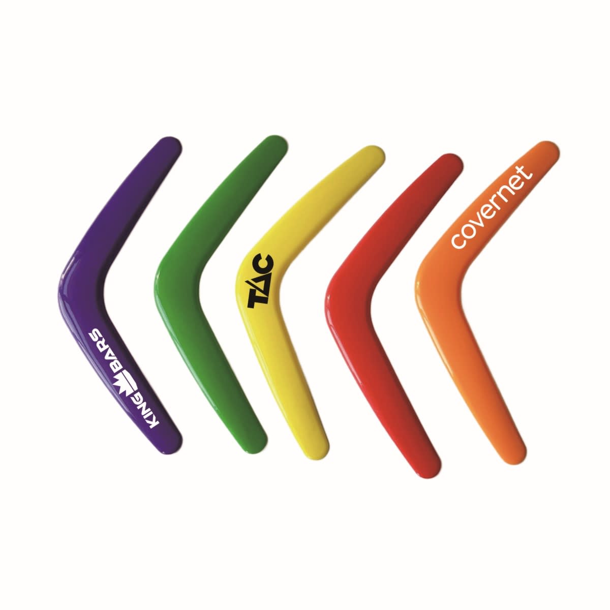 Five colourful boomerangs in purple, green, yellow, red, and orange, featuring various logos. Five colourful boomerangs in purple, green, yellow, red, and orange, featuring various logos.
