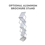 A brochure stand made of aluminium features multiple clear display pockets arranged in a zigzag pattern.