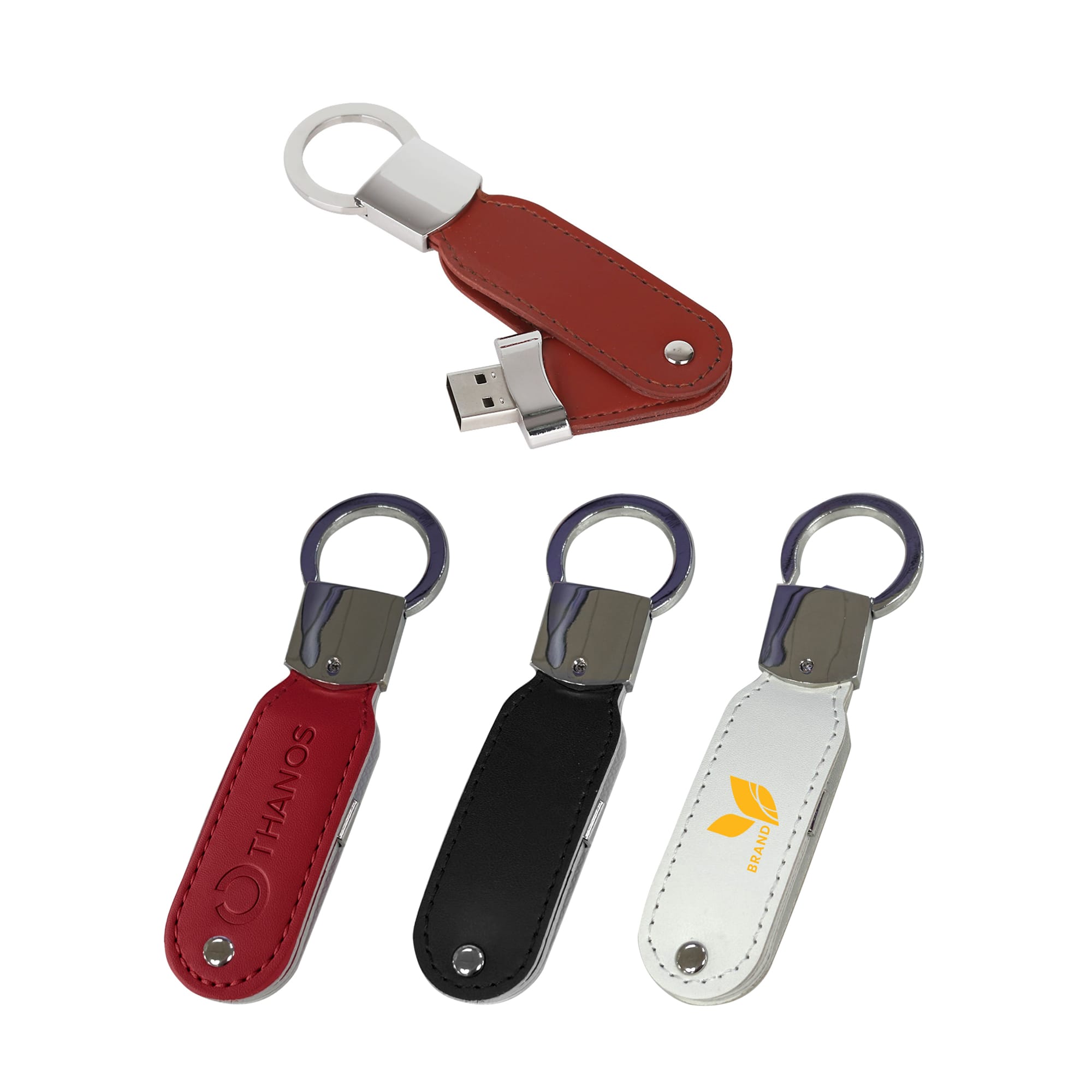 A leather swivel flash drive with a keyring, available in red, black, and white colours, featuring a logo on the surface. Leather Swivel Flash Drive - Image 1