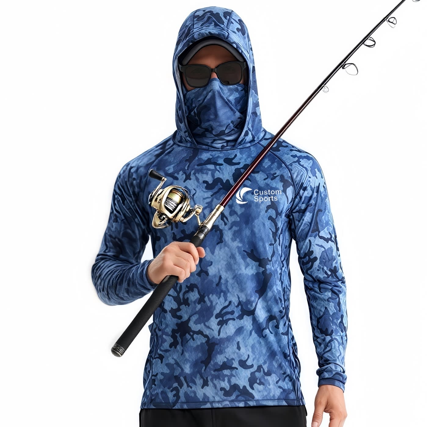 A blue camouflage hoodie with a hood and face covering, featuring a pocket and a logo, designed for sun protection while fishing. Men's Polyester Spandex Sublimated Sun Protection Fishing Hoodie With Pocket - Image 1