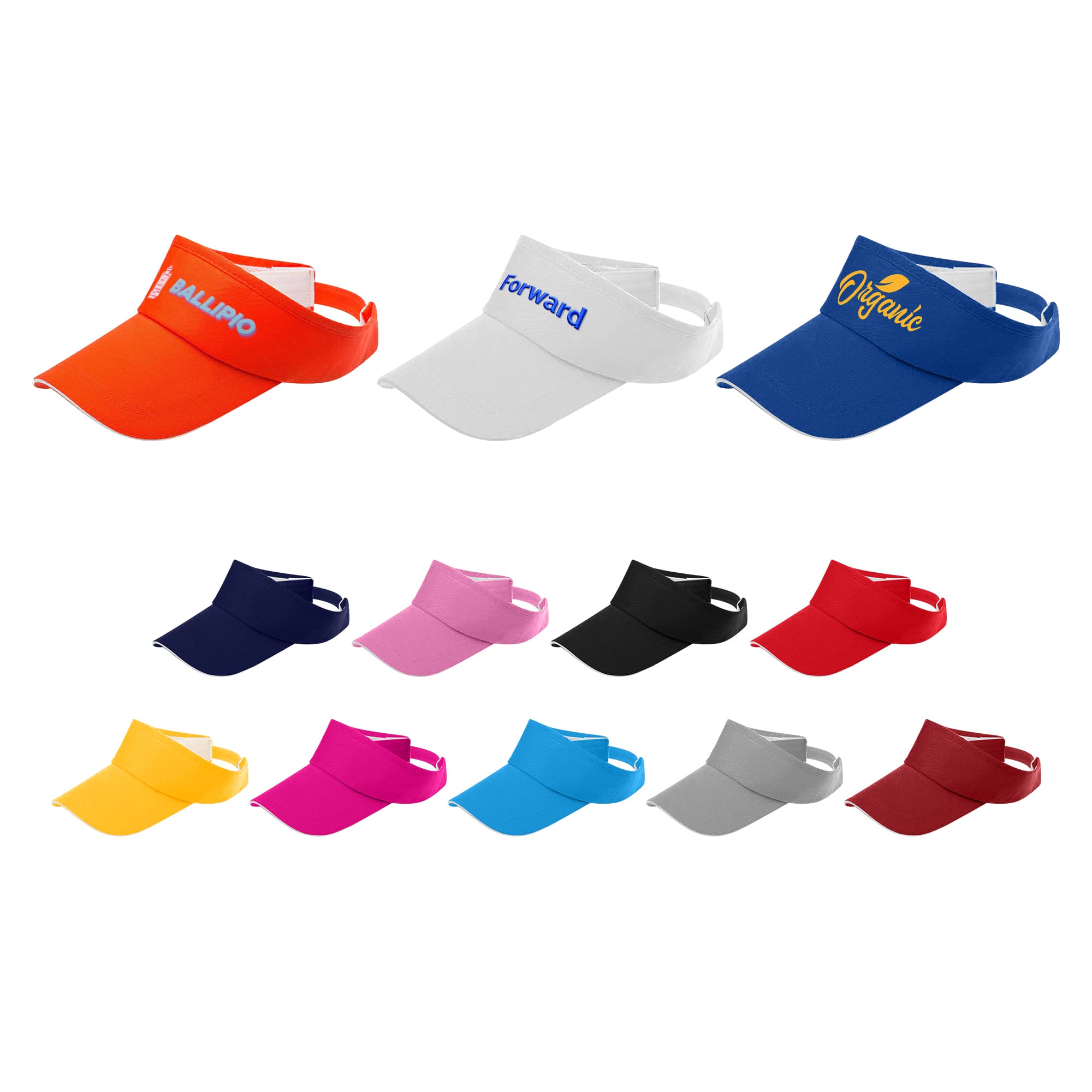 A collection of Sandwich Sun Visors in various colours, featuring different styles and a logo on some visors. Sandwich Sun Visor - Image 1